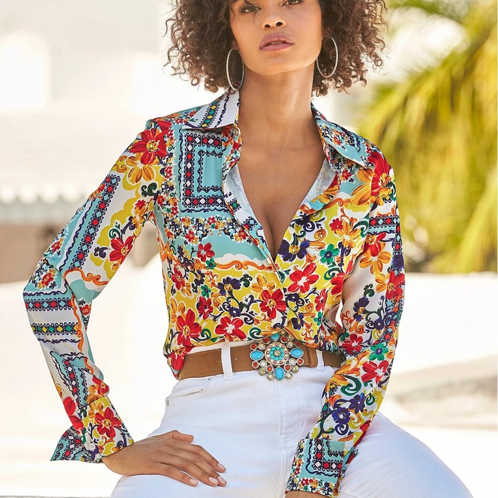 Boston Proper La Dolce Scarf Print Sophia Button Up Charmeuse Blouse Womens 8